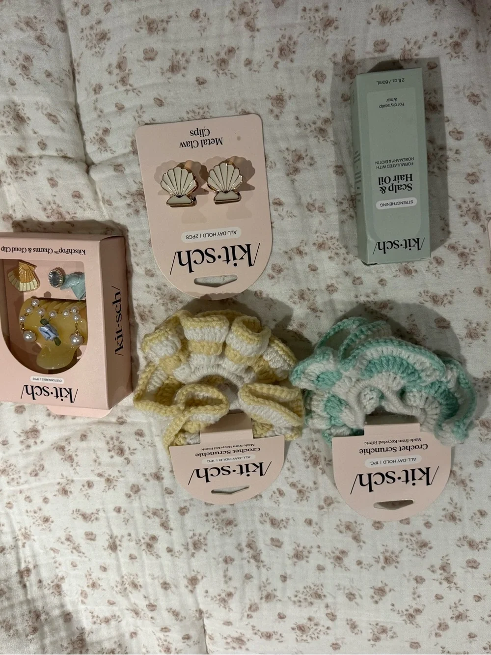 Kitsch Yellow & Mint Kids Crochet Scrunchies and Hair Clips 6 piece Set